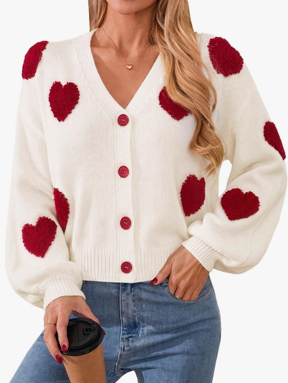 Women’s White Cardigan Sweater with Red Heart Accents